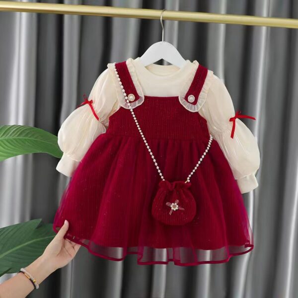 girls puff sleeve overalls two-piece suit with lucky bag baby girl dress